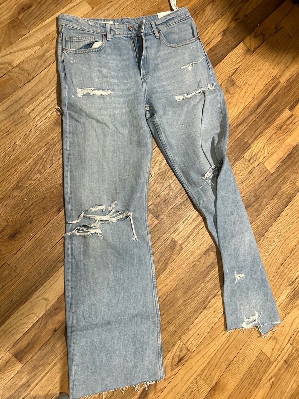 Zara Light Blue Distressed Wide-Leg Jeans